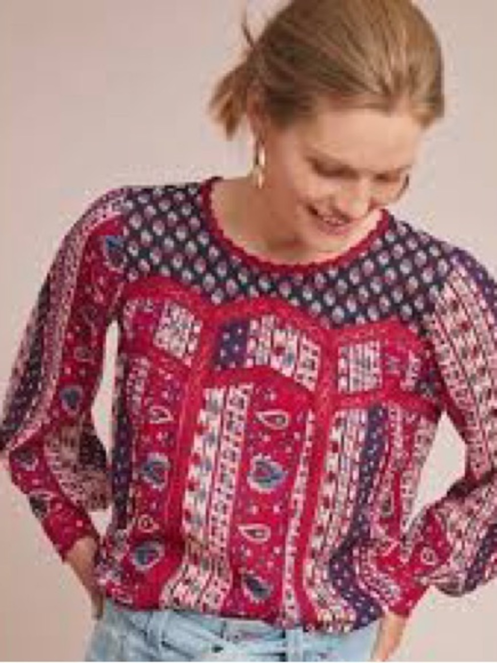 Maeve Pink and Purple Patchwork Paisley Long-Sleeve Top